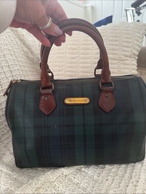 Polo by Ralph Lauren VintageGreen and Navy Plaid Satchel with Brown Leather Trim